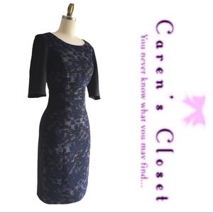 Tahari Black & Blue Modern Print Stretch knit Sheath Dress w/ Black Side Panels